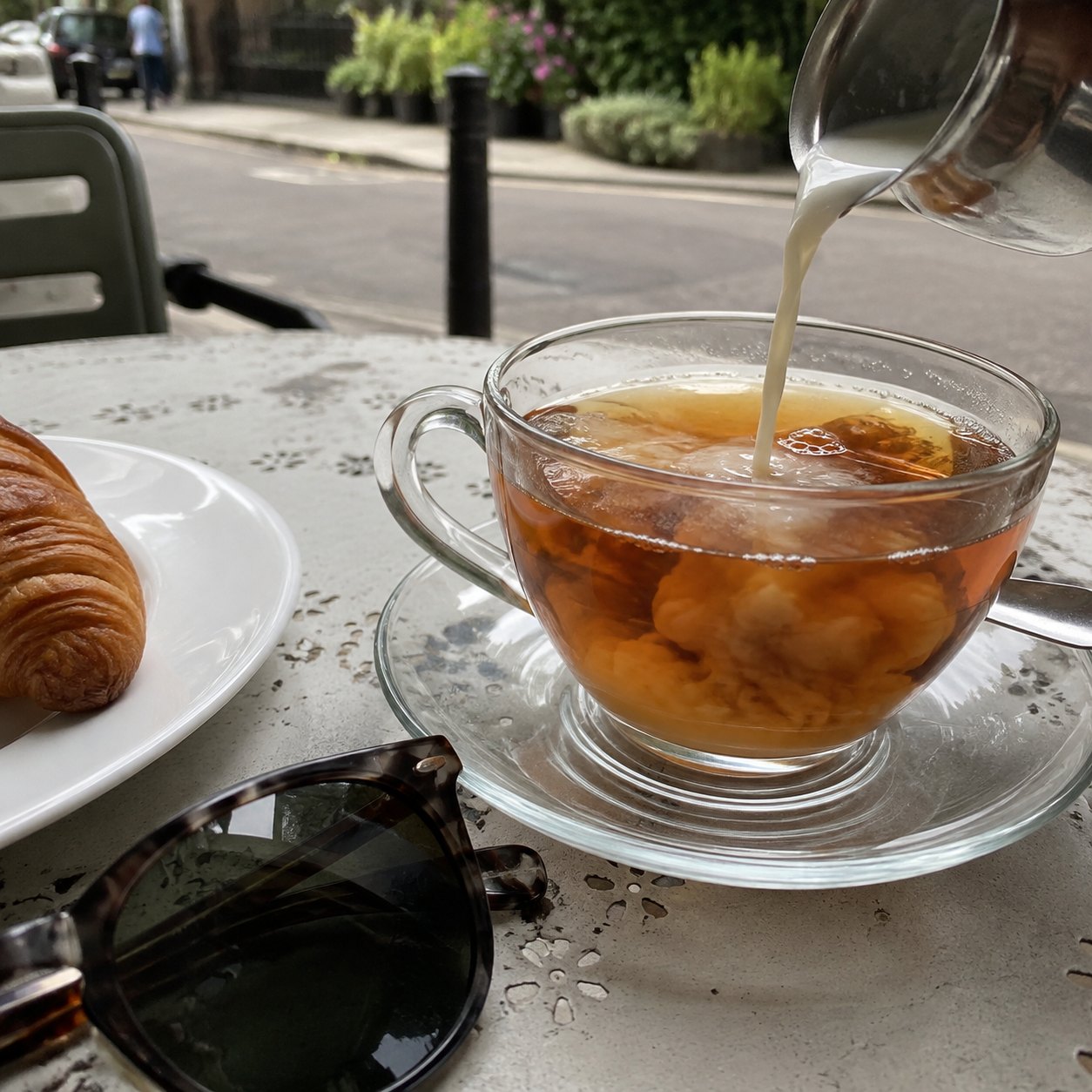 Milk being poured into a glass cup of tea at an outdoor cafe table