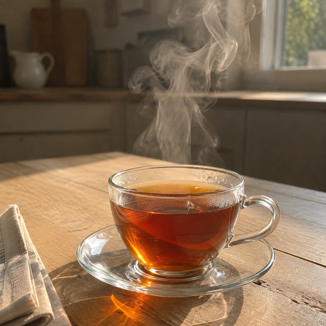 A glass cup of freshly brewed tea steaming in morning kitchen light