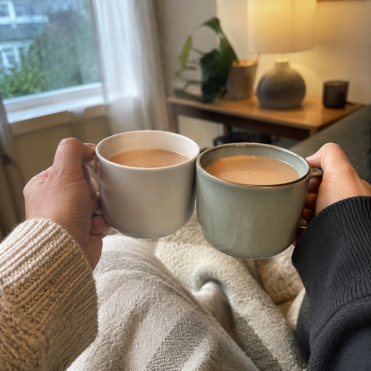 Two people holding mugs of tea together on a sofa